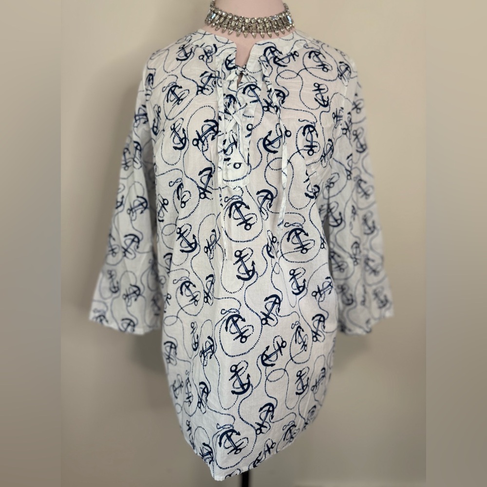 Talbots 100% cotton 3/4 sleeve nautical theme blouse in size medium